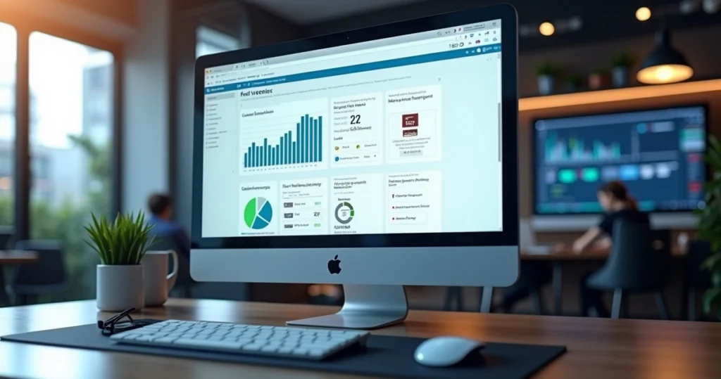 Tela de computador com painel de controle de monitoramento de sites WordPress, gráficos de desempenho, ícones de segurança e backups automáticos visíveis