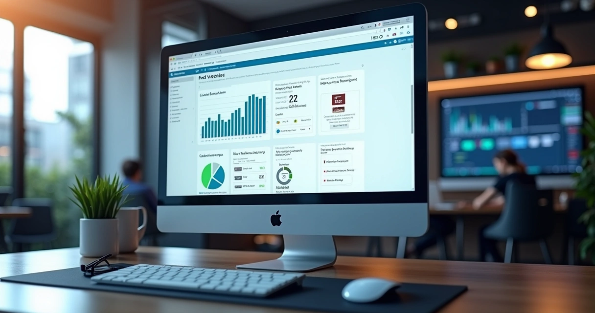 Tela de computador com painel de controle de monitoramento de sites WordPress, gráficos de desempenho, ícones de segurança e backups automáticos visíveis
