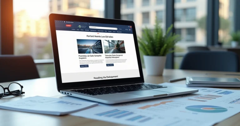 Mesa de trabalho moderna com laptop aberto mostrando um site em desenvolvimento, com esboços, anotações e gráficos ao redor, ambiente iluminado e profissional