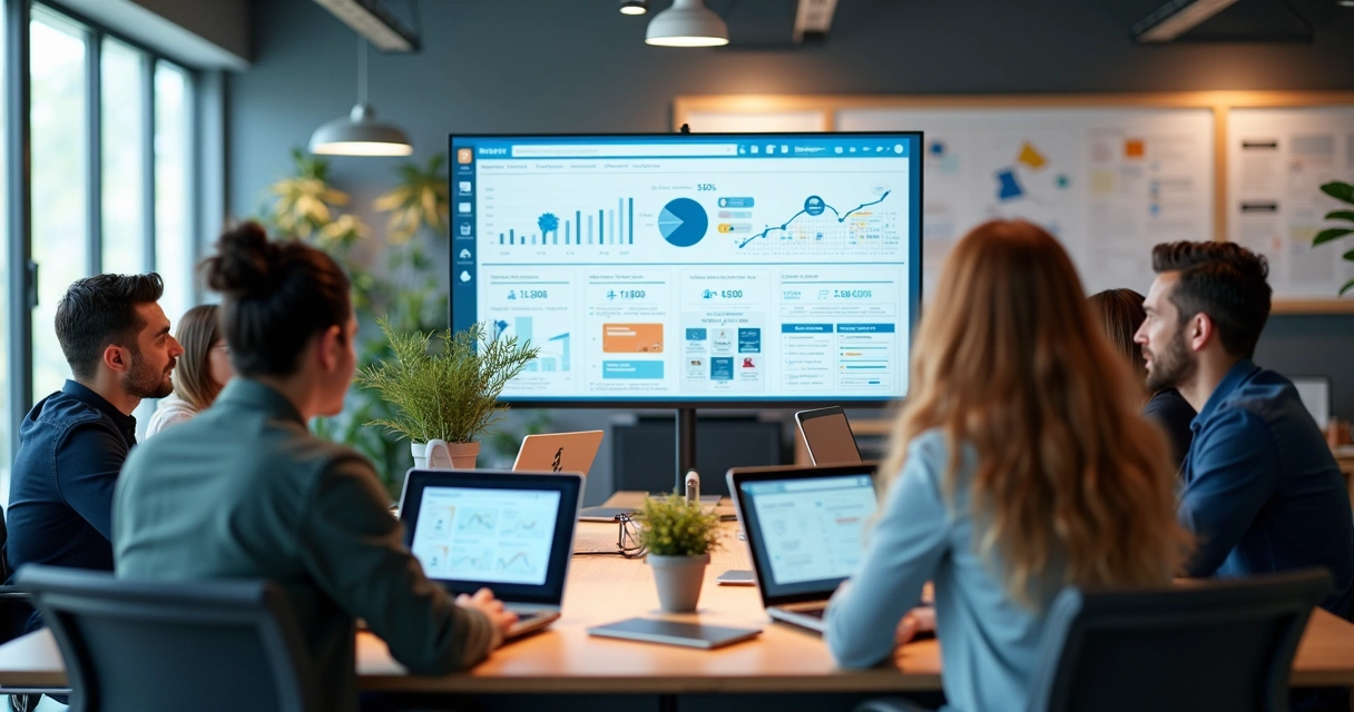 Equipe trabalhando no planejamento e execução da reformulação de um site moderno em um escritório tecnológico