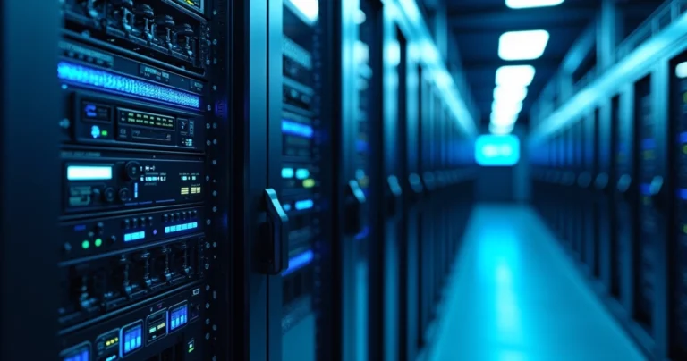 Servidor dedicado moderno dentro de um data center com luzes azuis e equipamentos de alta tecnologia