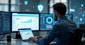 Técnico de manutenção trabalhando em computador com painel do WordPress aberto na tela