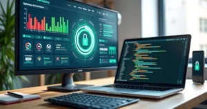 Tela de computador com painel de desempenho e cadeado representando segurança de site