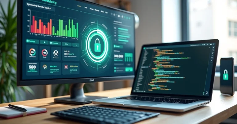 Tela de computador com painel de desempenho e cadeado representando segurança de site