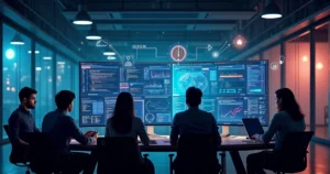 Equipe de desenvolvimento acompanhando painel com site e sistema integrados