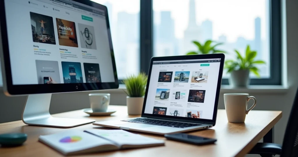 Tela com vários layouts de sites WordPress em notebook sobre mesa de trabalho
