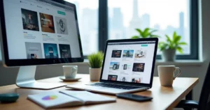 Tela com vários layouts de sites WordPress em notebook sobre mesa de trabalho