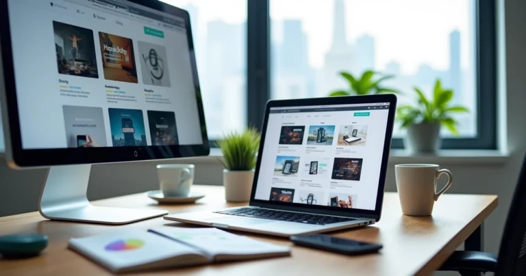 Tela com vários layouts de sites WordPress em notebook sobre mesa de trabalho