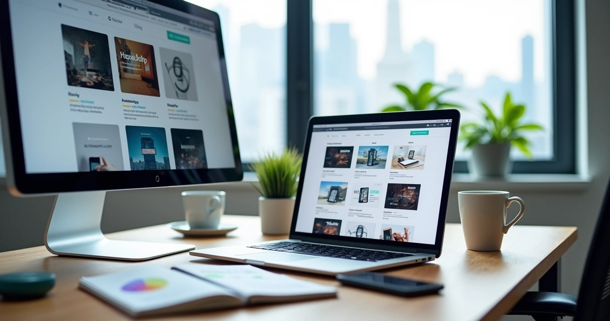 Tela com vários layouts de sites WordPress em notebook sobre mesa de trabalho