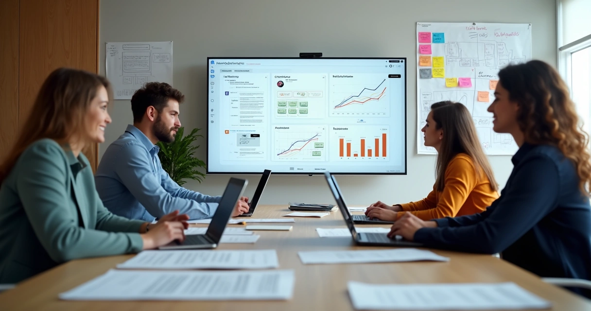 Equipe planejando a estrutura de um site profissional em telas e quadros brancos