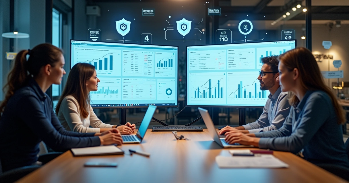 Equipe de agência especializada planejando site WordPress em monitores múltiplos