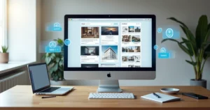 Tela de computador com painel de CMS exibindo diferentes tipos de sites