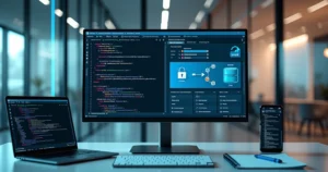 Tela de desenvolvedor exibindo painel de site corporativo integrado a banco de dados MySQL