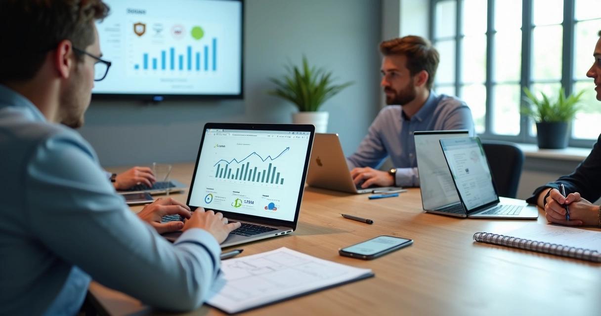 Equipe de agência digital planejando criação de site profissional em vários dispositivos