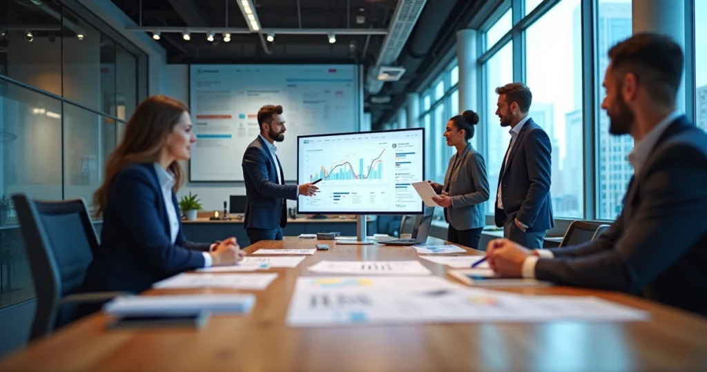 Equipe planejando criação de site profissional em escritório moderno