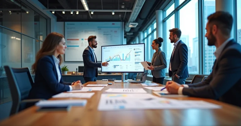 Equipe planejando criação de site profissional em escritório moderno