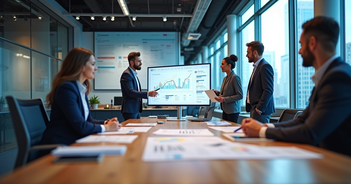 Equipe planejando criação de site profissional em escritório moderno