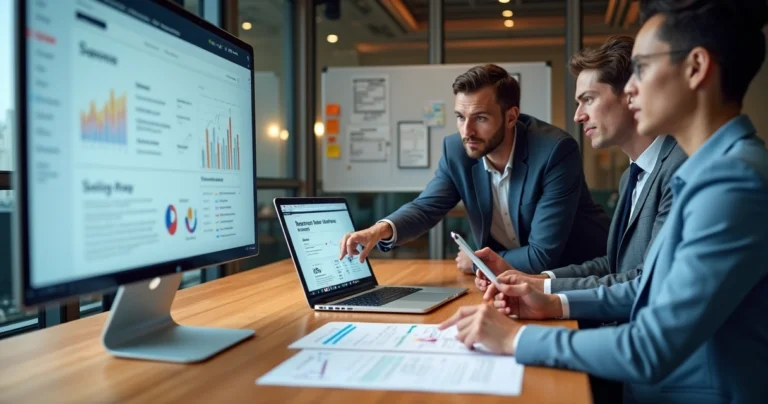 Equipe desenvolvendo site WordPress corporativo em notebook sobre mesa de escritório