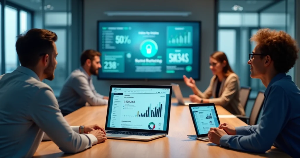 Equipe estratégica desenvolvendo site empresarial em vários dispositivos