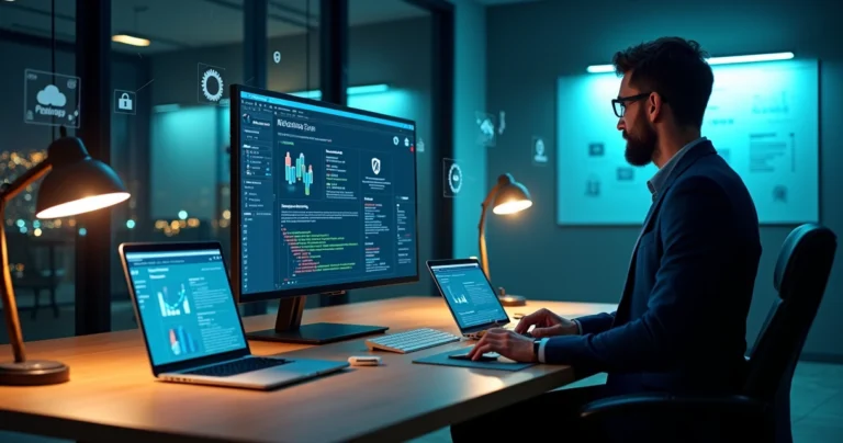 Equipe de TI fazendo manutenção em site corporativo em vários dispositivos