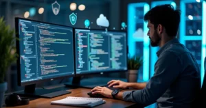 Técnico analisando código PHP em monitor com servidor ao fundo