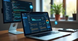 Tela de painel WordPress em notebook com ícones de segurança, atualização e desempenho