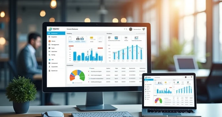 Dashboard de intranet corporativa com gestão de documentos e boletos em computador e tablet