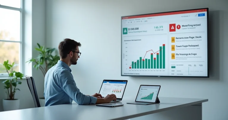 Profissional analisando gráficos de SEO em um notebook sobre sites novos