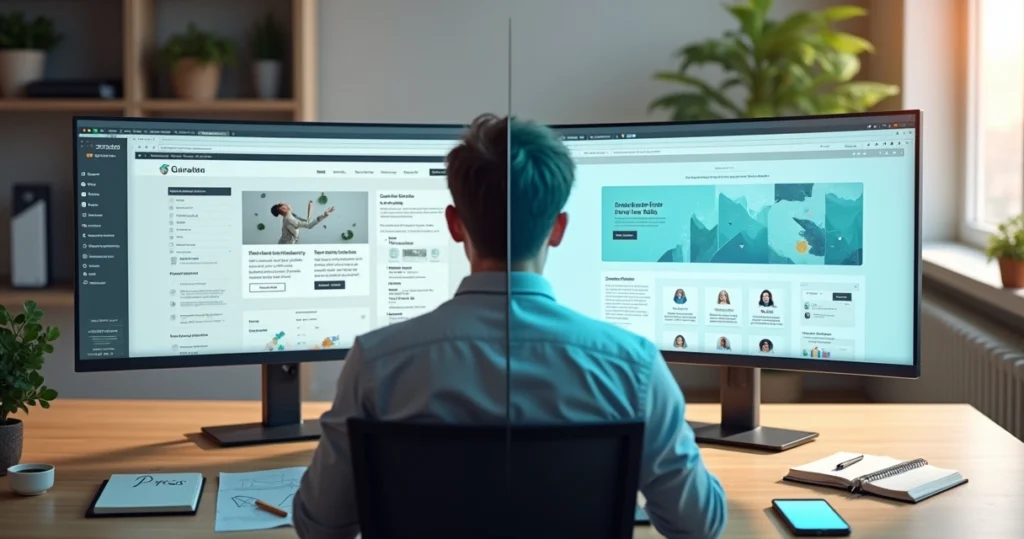 Empresário diante de tela dividida comparando criar site sozinho e contratar agência