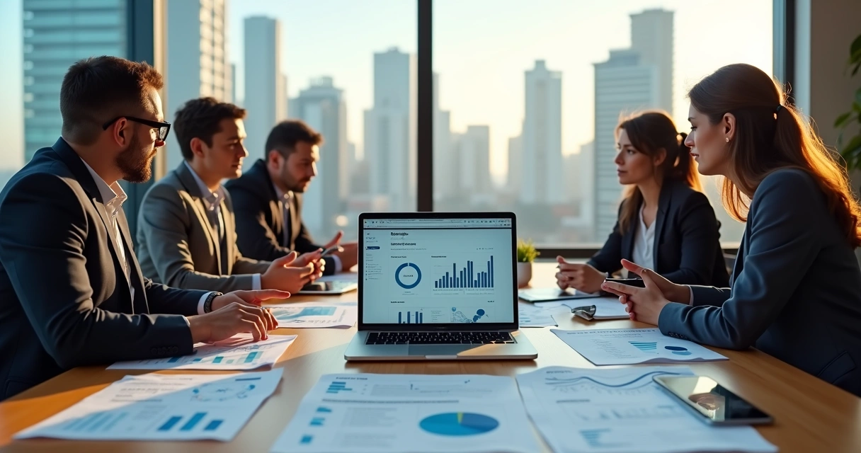 Equipe de marketing analisando site em notebook com vista de São Paulo ao fundo