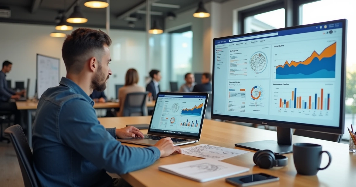 Profissional cria site em notebook com layout moderno em escritório