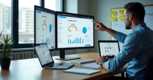 Profissional planejando criação de site em laptop em escritório moderno