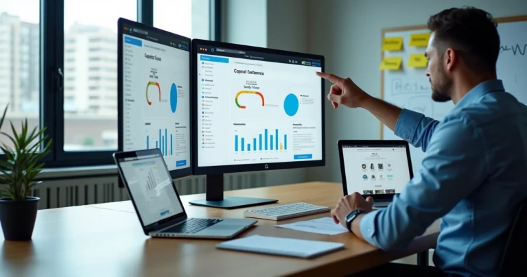 Profissional planejando criação de site em laptop em escritório moderno