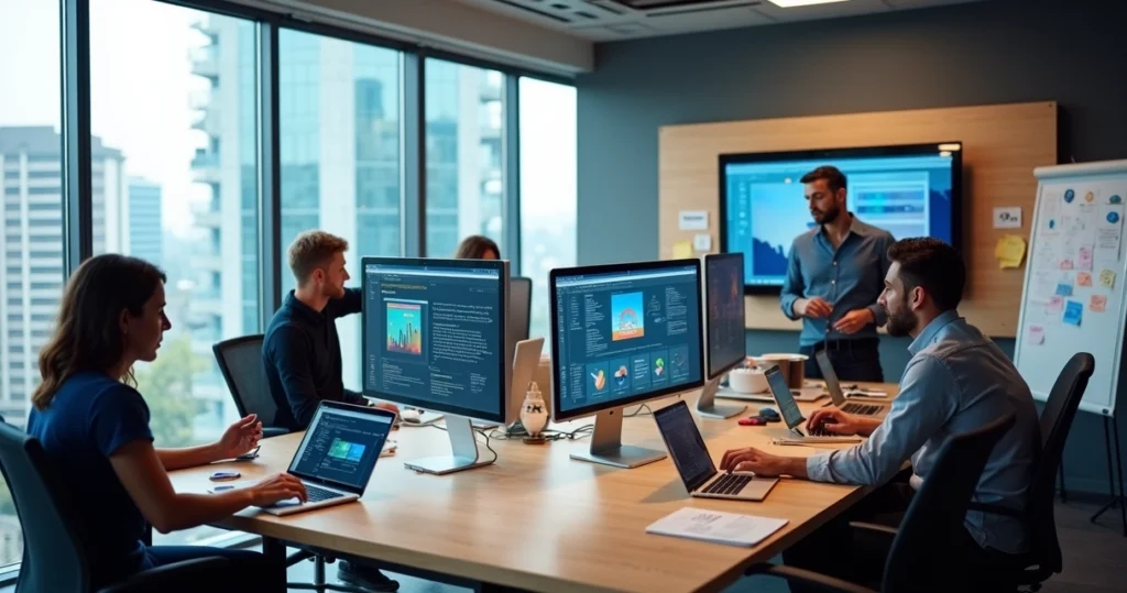 Equipe de agência digital criando site profissional em São Paulo em escritório moderno