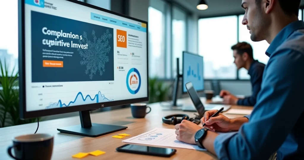 Profissional montando layout de site moderno em tela grande com gráficos de desempenho ao fundo