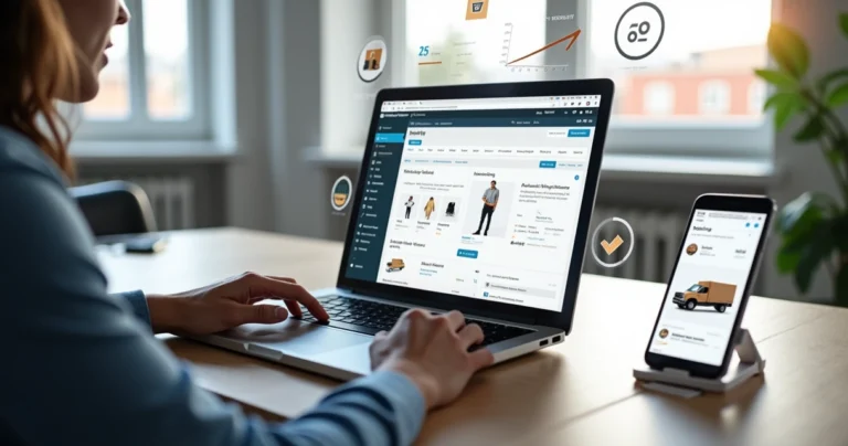 Empresário configurando loja virtual em WordPress com WooCommerce na tela do notebook