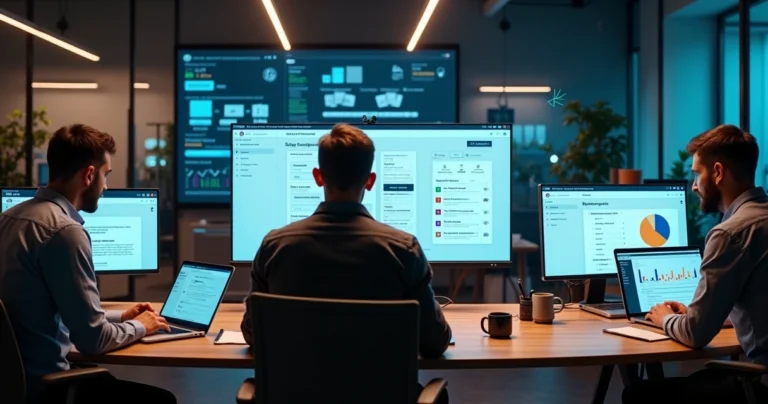 Equipe criando site profissional em múltiplas telas