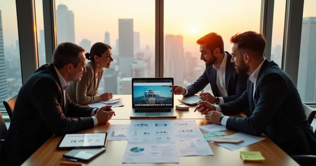 Empresários em São Paulo analisando projeto de site profissional em notebook