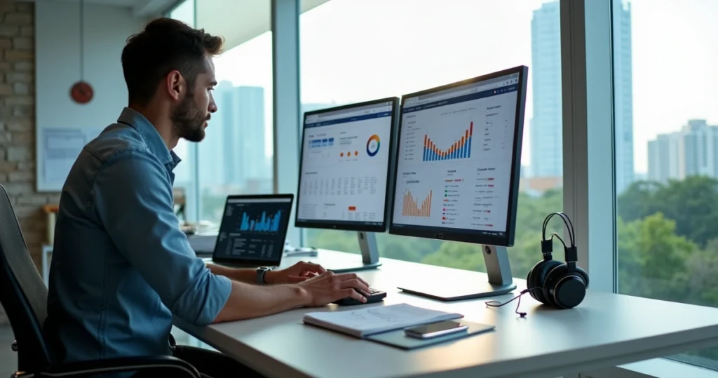 Profissional trabalhando em site com SEO em São José dos Campos em escritório moderno