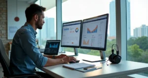 Profissional trabalhando em site com SEO em São José dos Campos em escritório moderno