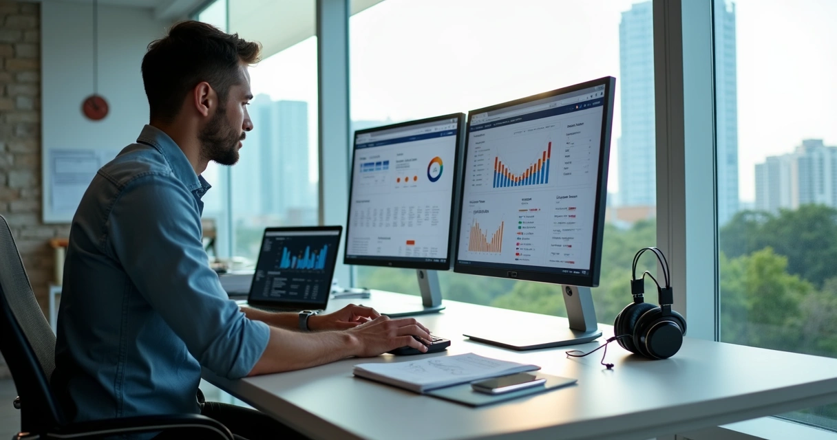 Profissional trabalhando em site com SEO em São José dos Campos em escritório moderno