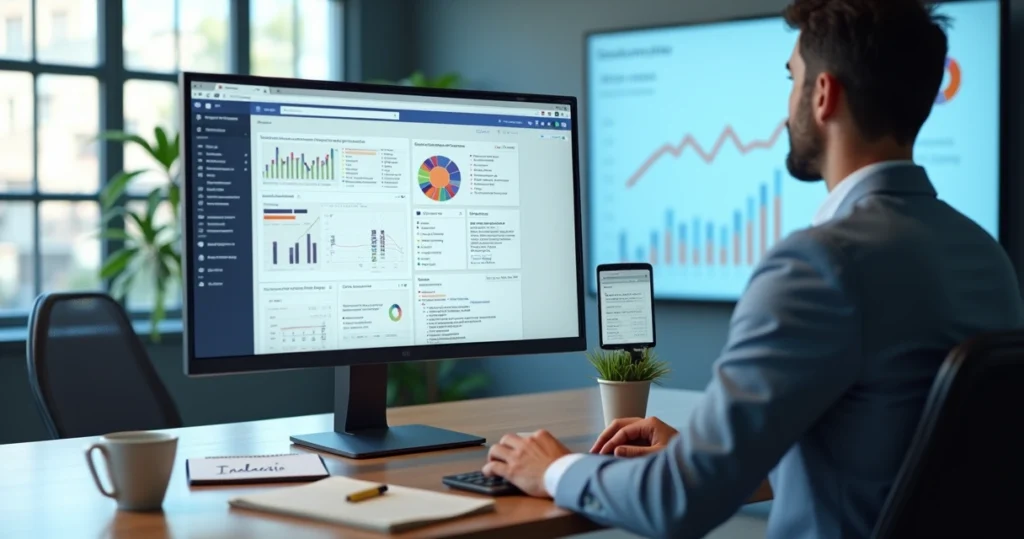 Empresário analisando gráfico de indexação de site no Google em tela grande