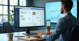 Empresário analisando gráfico de indexação de site no Google em tela grande