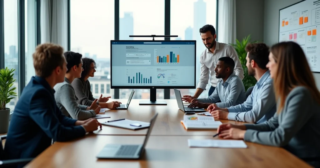 Equipe de criação de sites analisando layout em tela grande de computador