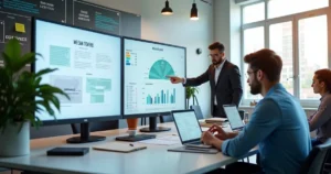 Equipe em escritório moderno desenvolvendo site profissional em múltiplas telas