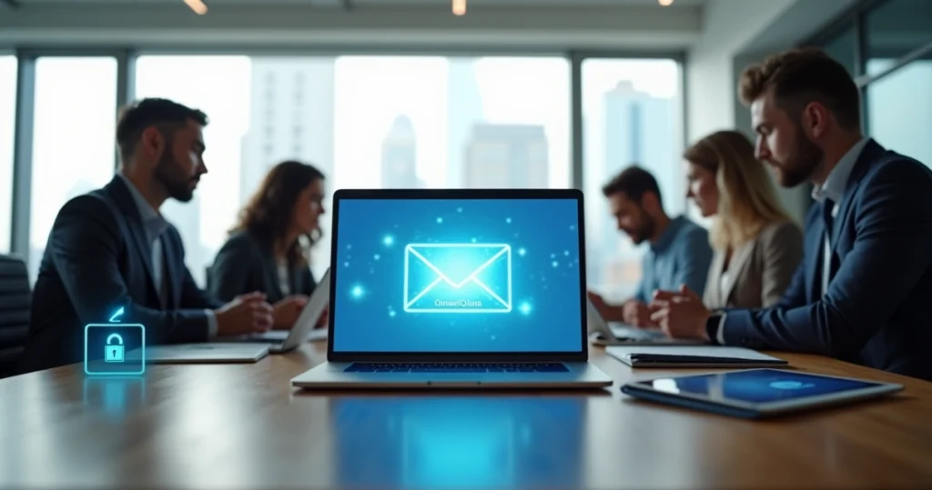 Equipe em escritório moderno usando notebook com tela de email corporativo aberto