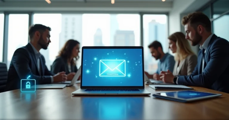 Equipe em escritório moderno usando notebook com tela de email corporativo aberto