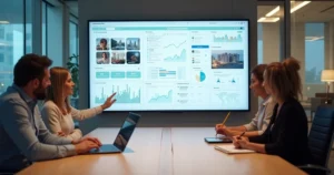 Equipe avaliando integrações de redes sociais em um site corporativo em painel com gráficos