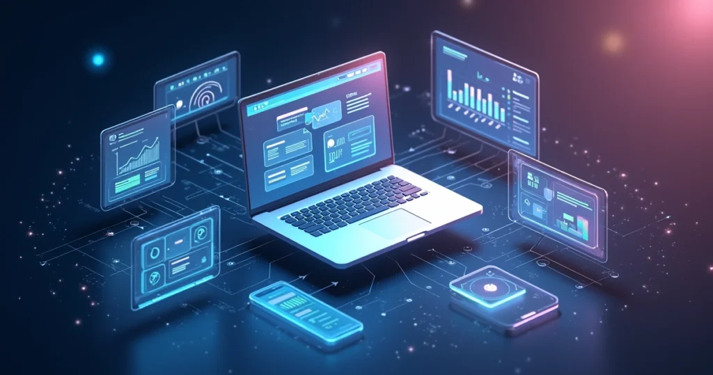 Painel digital com integrações conectando site, CRM, chat e automação