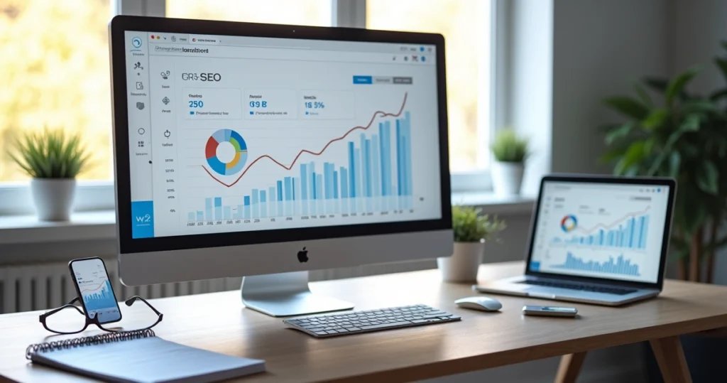 Tela de computador com gráficos de SEO e otimização de sites em ambiente de escritório moderno